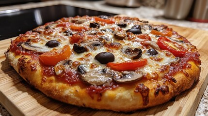 A freshly baked pizza rests on a wooden board, featuring a golden crust topped with melted cheese, sliced olives, mushrooms, and ripe tomatoes. The inviting look promises a flavorful experience