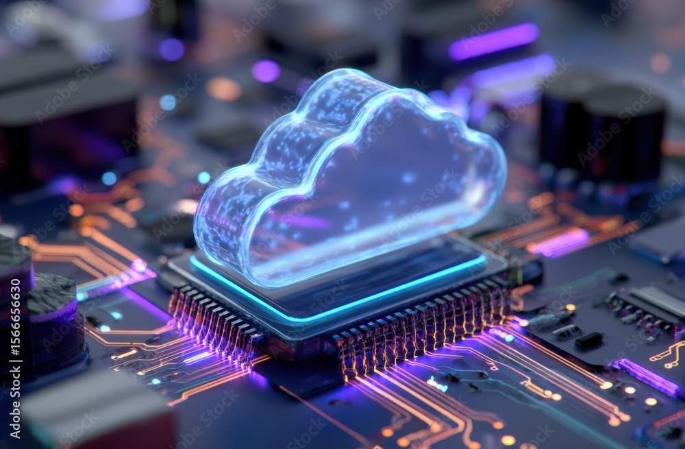 Fototapete Futuristic Cloud Computing: A glowing cloud icon rests on a vibrant circuit board, symbolizing digital data storage and processing in a high-tech