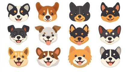 Naklejka premium A set of 12 vector art dog heads, various breeds, smiling and friendly, isolated