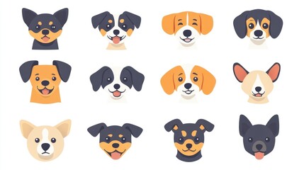 Obraz premium Cartoonish vector graphic of twelve dog faces, each with different markings and colors