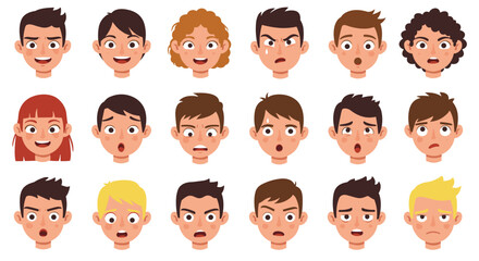 Collection of cartoon faces showing various emotions including happiness, anger, and surprise