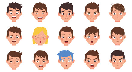 Illustration showcasing fifteen diverse cartoon faces expressing a range of human emotions clearly