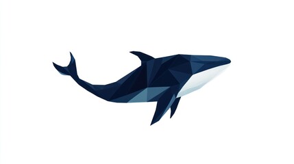 Fototapeta premium Geometric whale illustration, in shades of blue, swimming left on a white background