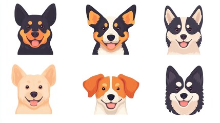 Row of six cartoon dog faces with varying coat colors & ear shapes on white