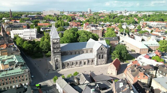 Lund, Sweden - 12 June 2024: static aerial view of Lund Cathedral, a monument 12th-century Lutheran church