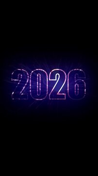 animated 2026 number in blue neon light with flashes isolated on black night sky background, motion design element decoration overlay template texture