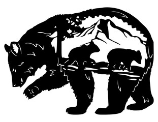 Silhouette of bear art: A striking silhouette of a bear with mountain and forest scenery, showcasing the beauty of nature, perfect for artistic designs.