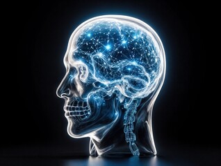 Futuristic glowing network inside human skull