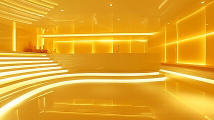Futuristic interior design with monochromatic golden lighting creating a luxurious ambience and