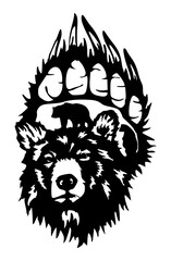 Bear Paw Print Graphic: A powerful graphic design featuring a bear's head nestled within its own large paw print, creating a striking and symbolic image. 