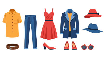 Illustration showcasing a variety of clothing items including dresses, pants, shirts and accessories