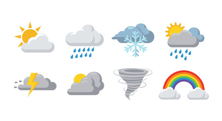 Illustration showing various weather conditions including sun, clouds, rain, snow, and tornado