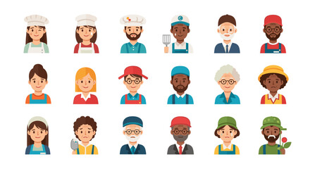 Illustration of diverse cartoon characters representing various professions and demographics shown here