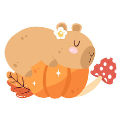 Autumn Cute Capybara with Pumpkin 