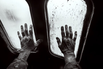 Hands touching a foggy window inside a dimly lit room. Concept of reaching, isolation, and reflection. For depicting emotion and introspection.