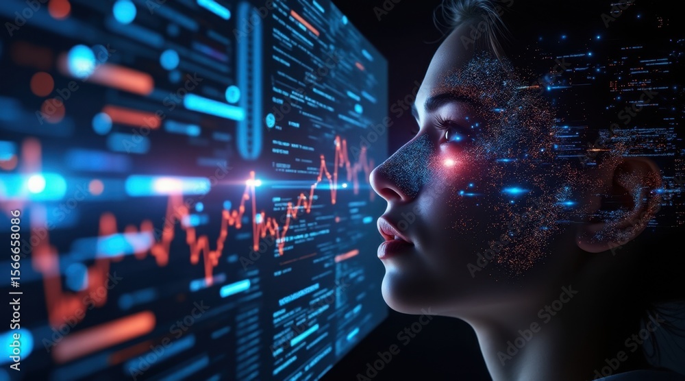 Aufkleber a futuristic digital interface displays data and graphs as a woman with a pixelated face analyzes th