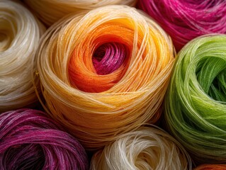 Colorful ball of cotton candy yarn with vibrant shades of pink yellow green and white soft texture