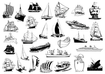 Nautical Vessels Sketch: A monochrome collection of various nautical vessels, ranging from classic sailing ships to modern motorboats, artfully sketched to evoke the spirit of the sea and exploration.