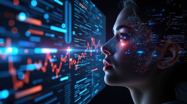 A futuristic digital interface displays data and graphs as a woman with a pixelated face analyzes the information intensely. - Powered by Adobe