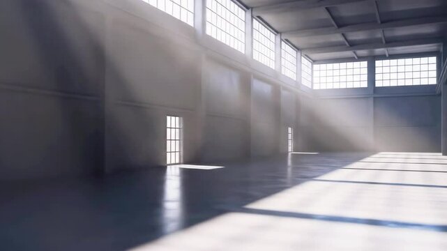 Sunlight streaming through large windows in an empty industrial space, creating a serene atmosphere