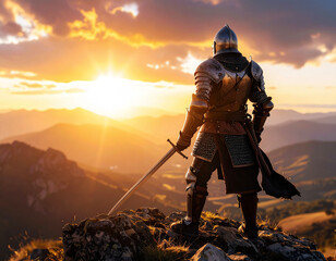 Legendary Sword on Hill with Armored Hero &ndash; Epic Fantasy Illustration