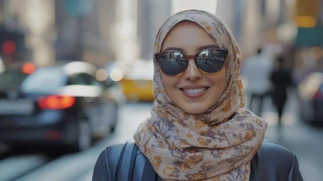Smiling woman in hijab and sunglasses on city street. (2)