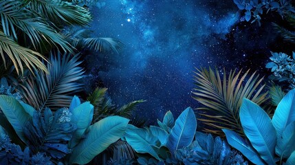 Obraz premium Lush tropical plants surround a stunning night sky filled with stars, creating a captivating view. Deep blues and greens dominate this serene landscape, inviting contemplation