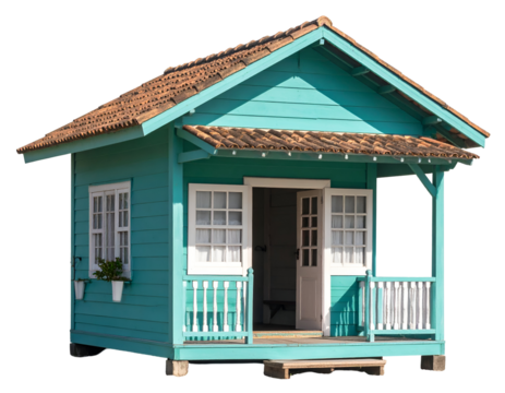 A charming teal wooden house with a classic tiled roof and an inviting open porch.