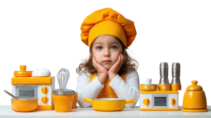 Child in chef hat, exploring kitchen tools with a thoughtful expression, isolated on white background.
