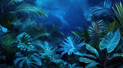 Lush green leaves of various tropical plants are illuminated by the soft glow of a starry night, creating a tranquil and enchanting atmosphere in the rainforest