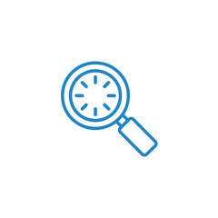 Blue outline icon of a magnifying glass with a clock face inside on a white background