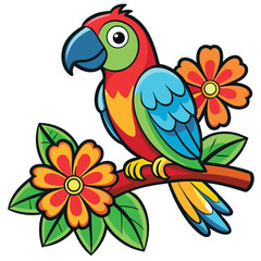 Obraz premium Colorful Parrot Perched on a Branch with Flowers 