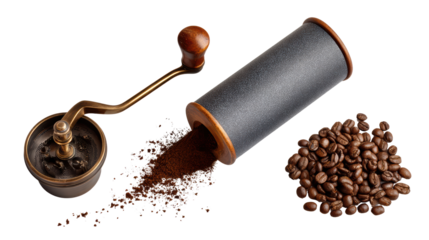 Coffee grinder with freshly ground coffee and beans, isolated on white background.