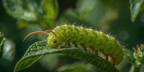 Naklejka premium A green caterpillar with orange antennae crawling on a leaf in a natural outdoor environment