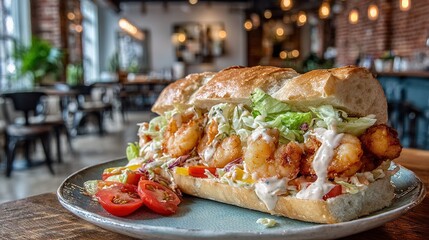Shrimp Po' Boy Sandwich with Lettuce and Tomato on Plate in Restaurant