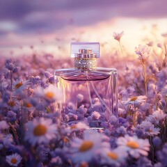 Elegant Black Perfume Bottle in a Blooming Purple Flower Field