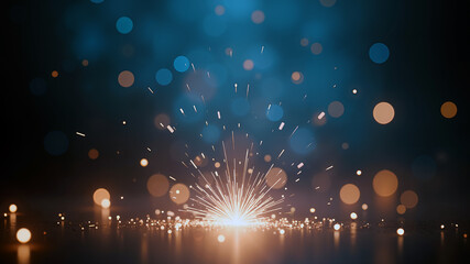Radiant golden and white fireworks burst in sharp focus, elegantly framing a dreamy, deep blue night sky with teal and orange bokeh. The central area remains clean for copy space.