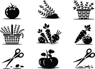 Black Silhouettes Vegetables Herbs Gardening Scissors