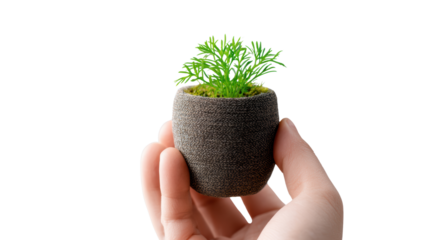 Hand holding a small pot with green plant, isolated on white background.