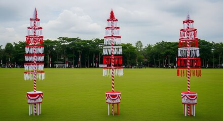 Colorful Traditional Festival Decorations on Green Field in Outdoor Park