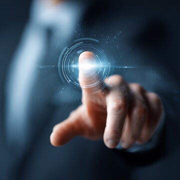 hand pushing button on a touch screen interface