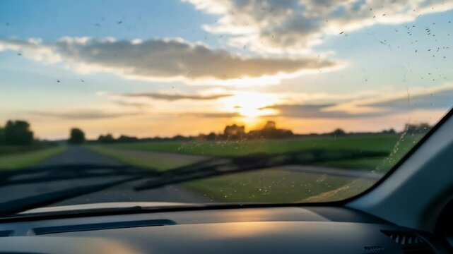 Windshield view from inside car driving rural road during sunset, with numerous mosquitoes splattered across glass, windscreen wipers clean it, creating a textured pattern against the colorful sky