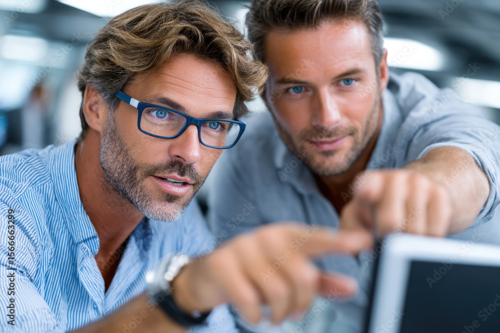 Poster two men collaborating on a project in a modern office space with technology