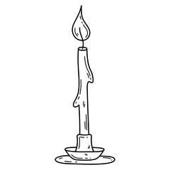 Hand drawn outline thin candle in candlestick. Doodle style editable stroke vector illustration isolated on white background