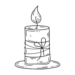 Hand drawn burning candle with ribbon bow. Isolated editable stroke doodle style vector illustration