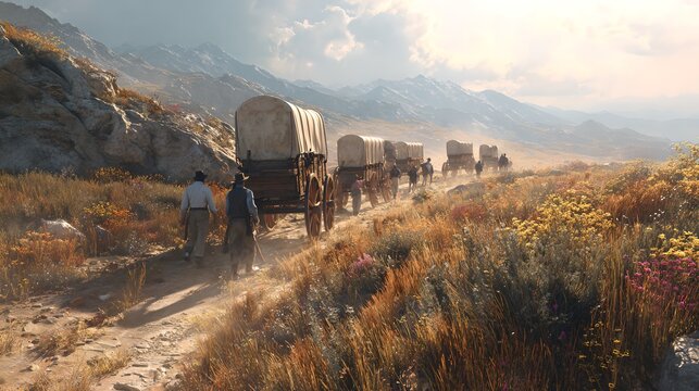 A caravan of covered wagons travels through a mountainous landscape on a dusty trail in the countryside