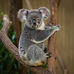 Fototapeta premium Adorable koala bear clinging to a tree branch with its paws