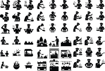 Kitchen Chef Silhouette Vector &ndash; Culinary Pan Illustration Icons Chef Holding Pan Silhouette Set &ndash; Cooking Icon Collection