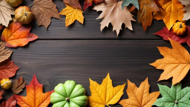 Top-down view of autumn leaves and pumpkins framing a dark wooden surface, perfect for a cozy fall-themed video backdrop or seasonal design. Live desktop wallpaper.