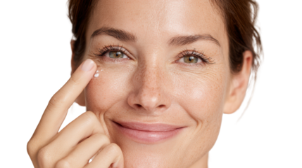 Woman applying skincare cream, smiling, healthy skin, isolated background.
